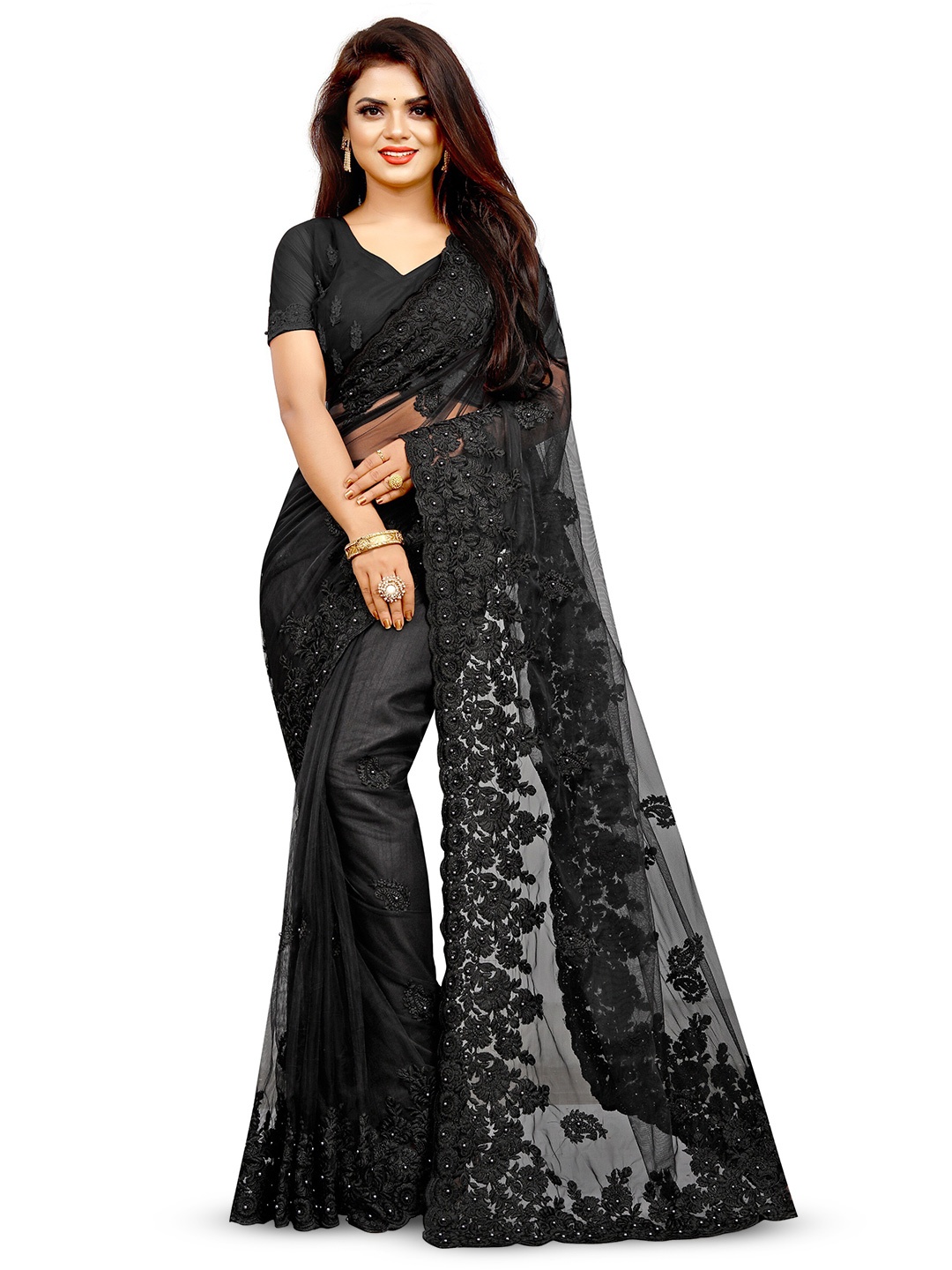 

PARMMRAA DESIGNER Floral Embroidered Net Saree, Black