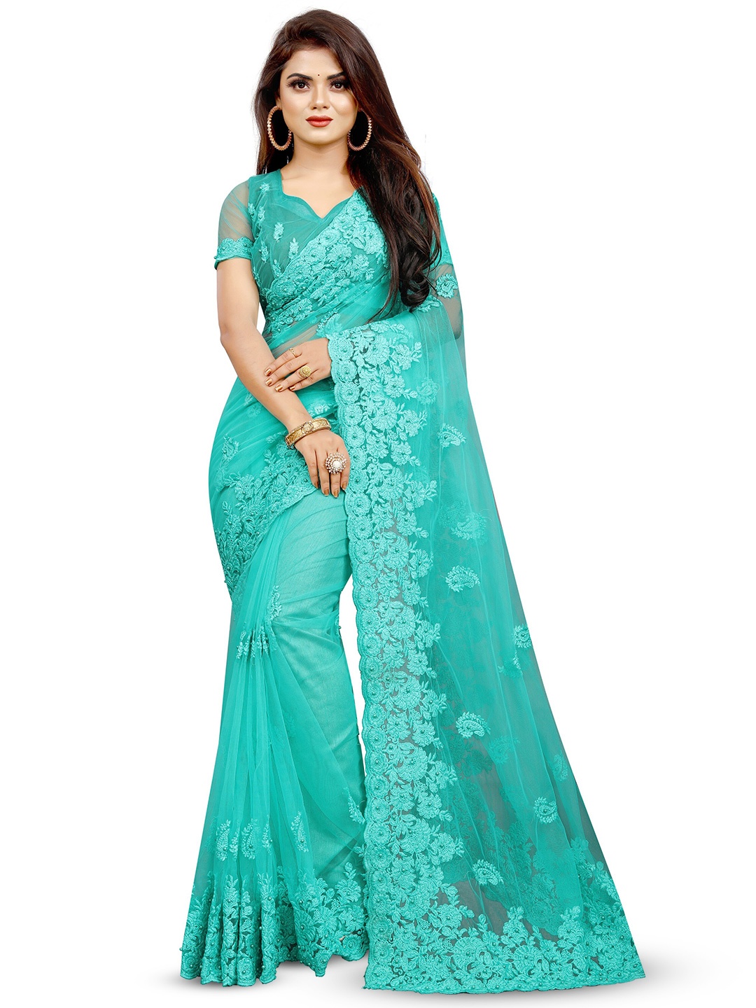 

PARMMRAA DESIGNER Ethnic Motifs Beads and Stones Net Saree, Blue