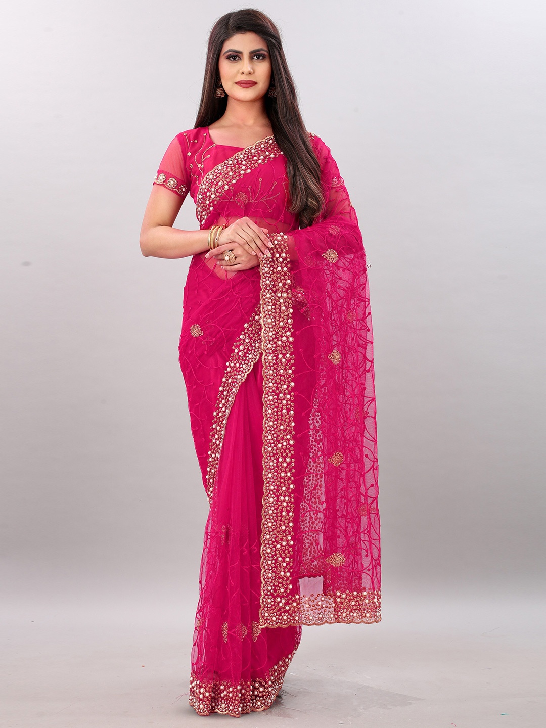 

PARMMRAA DESIGNER Floral Beads and Stones Net Saree, Pink