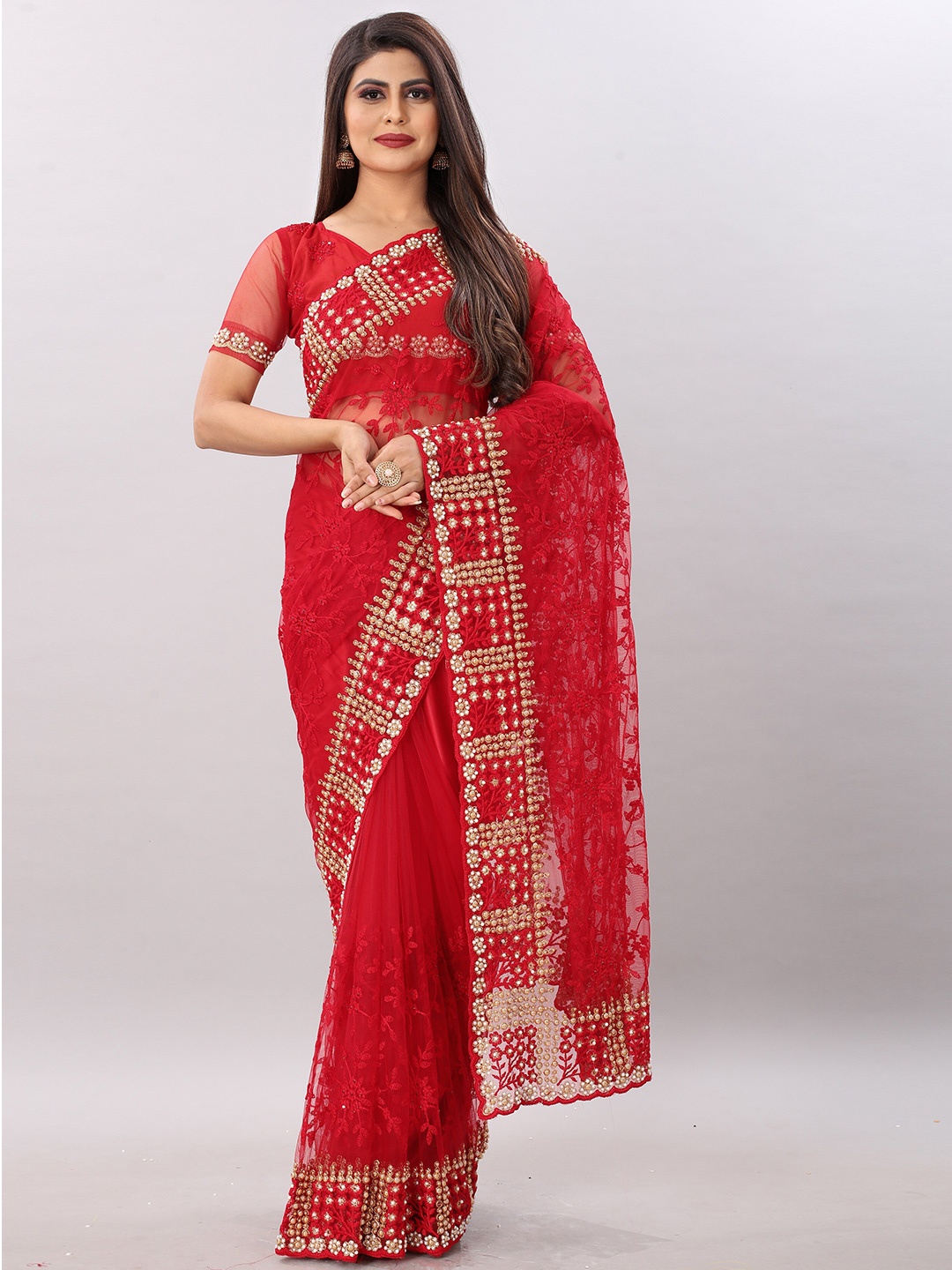 

PARMMRAA DESIGNER Floral Embroidered Net Heavy Work Saree, Red