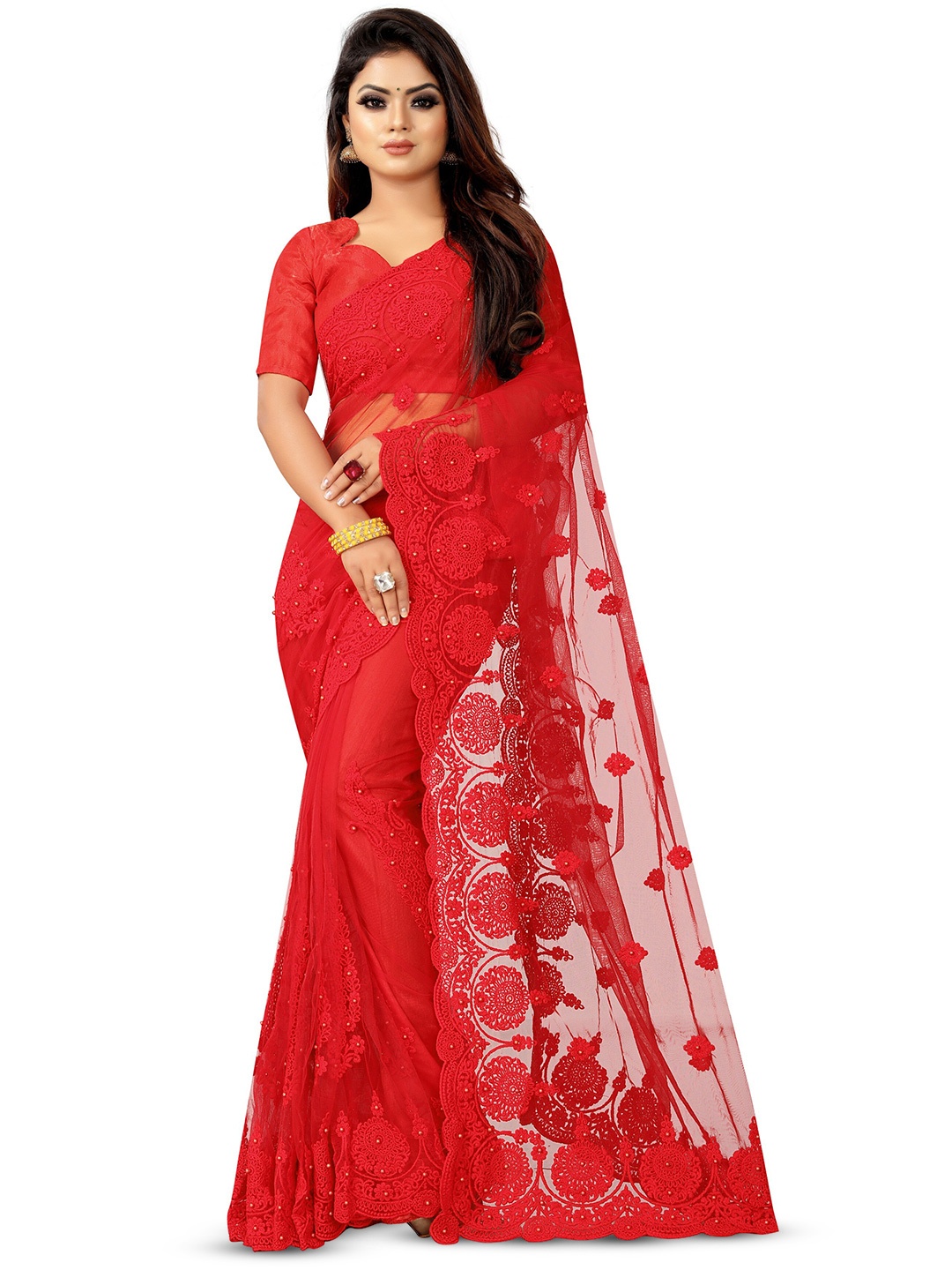 

PARMMRAA DESIGNER Floral Beads and Stones Net Saree, Red