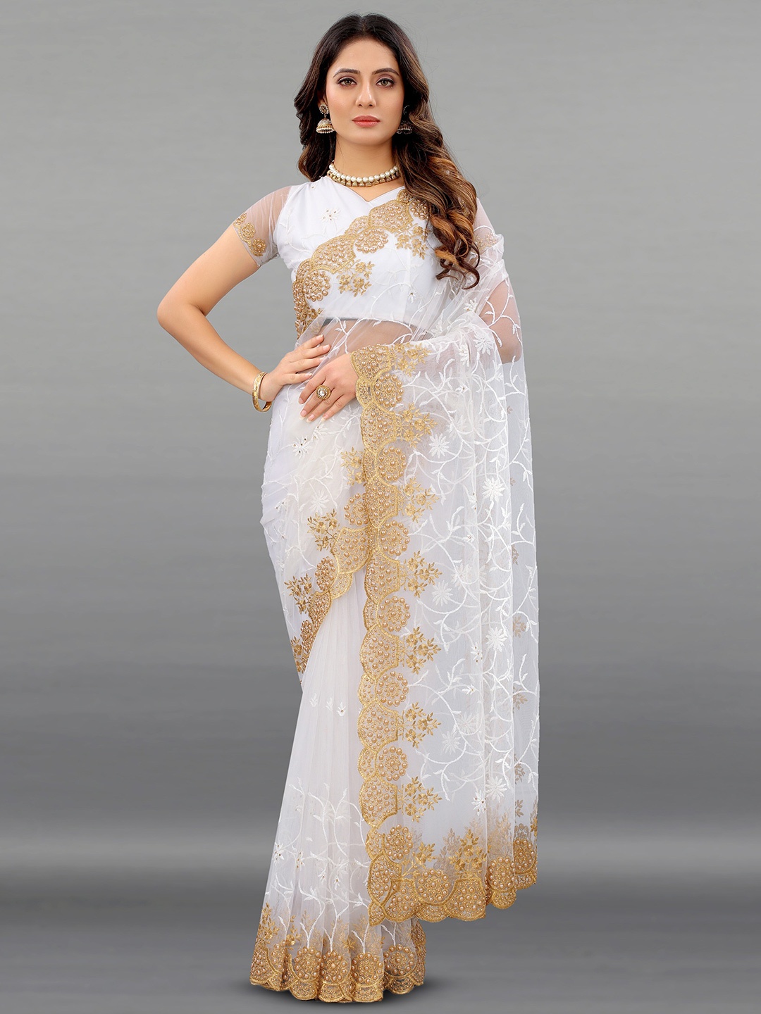 

PARMMRAA DESIGNER Ethnic Motifs Beads and Stones Net Saree, White