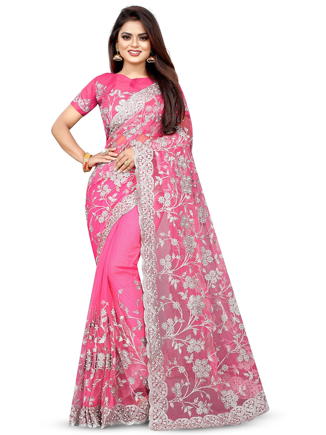 

PARMMRAA DESIGNER Floral Embroidered Net Saree, Pink