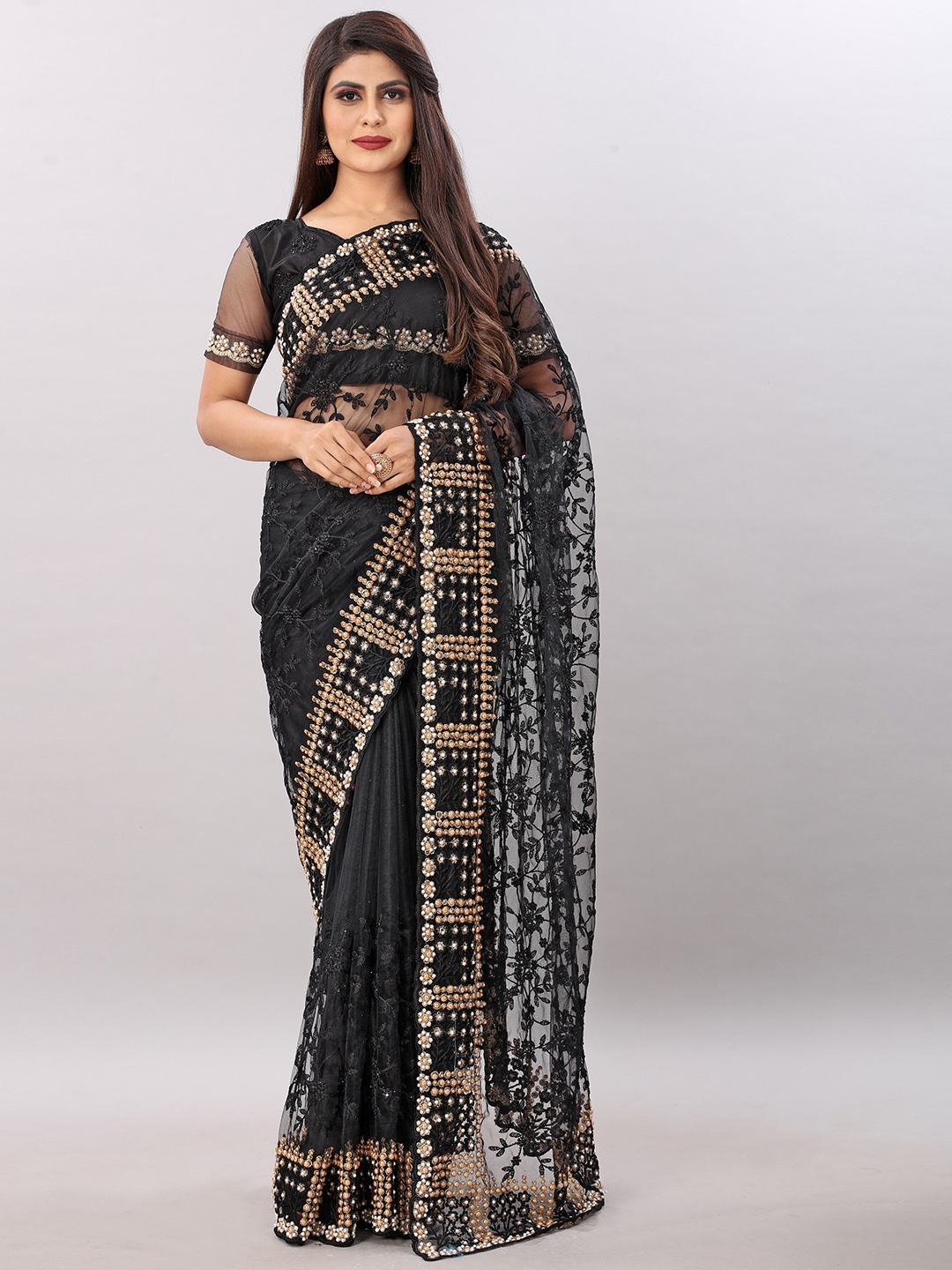 

PARMMRAA DESIGNER Ethnic Motifs Beads and Stones Net Saree, Black