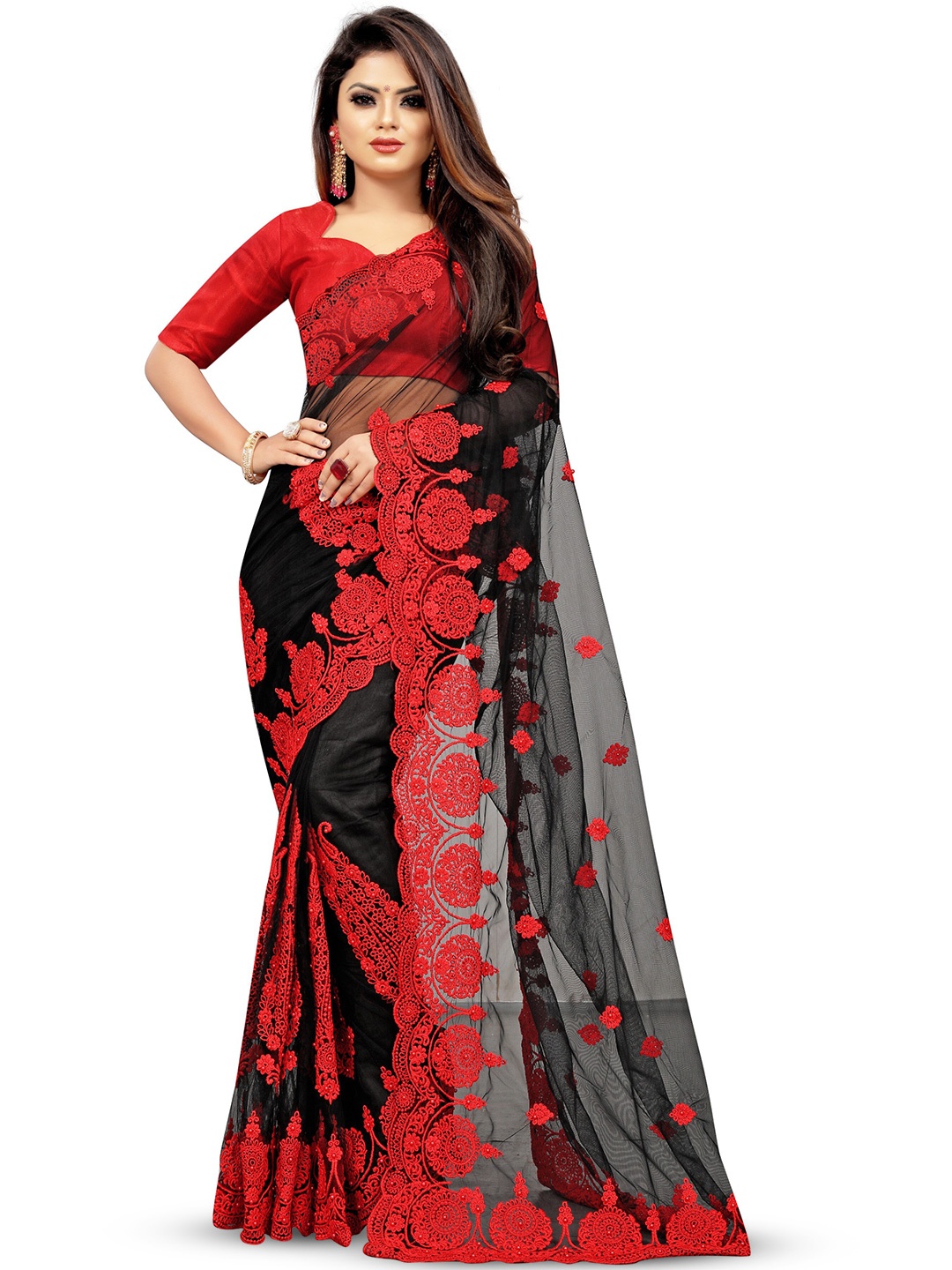 

PARMMRAA DESIGNER Floral Beads and Stones Net Saree, Black