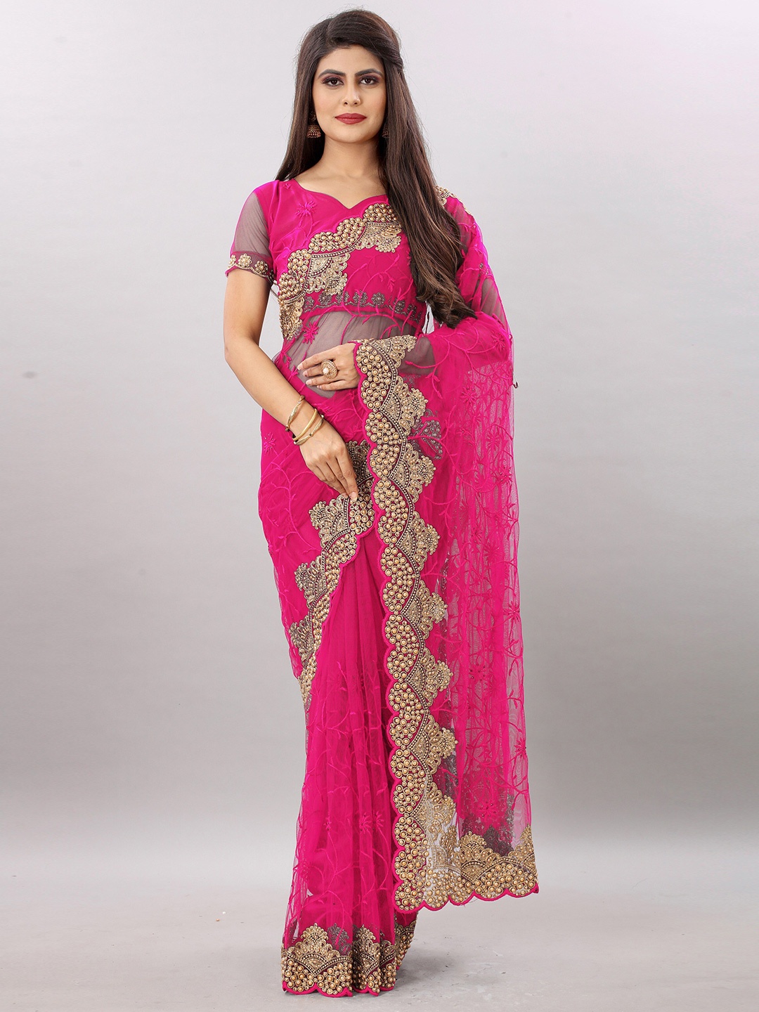 

PARMMRAA DESIGNER Ethnic Motifs Beads and Stones Net Saree, Pink