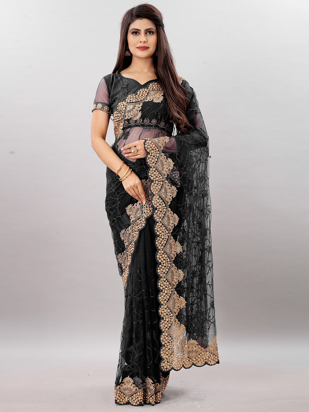 

PARMMRAA DESIGNER Floral Embroidered Net Heavy Work Saree, Black