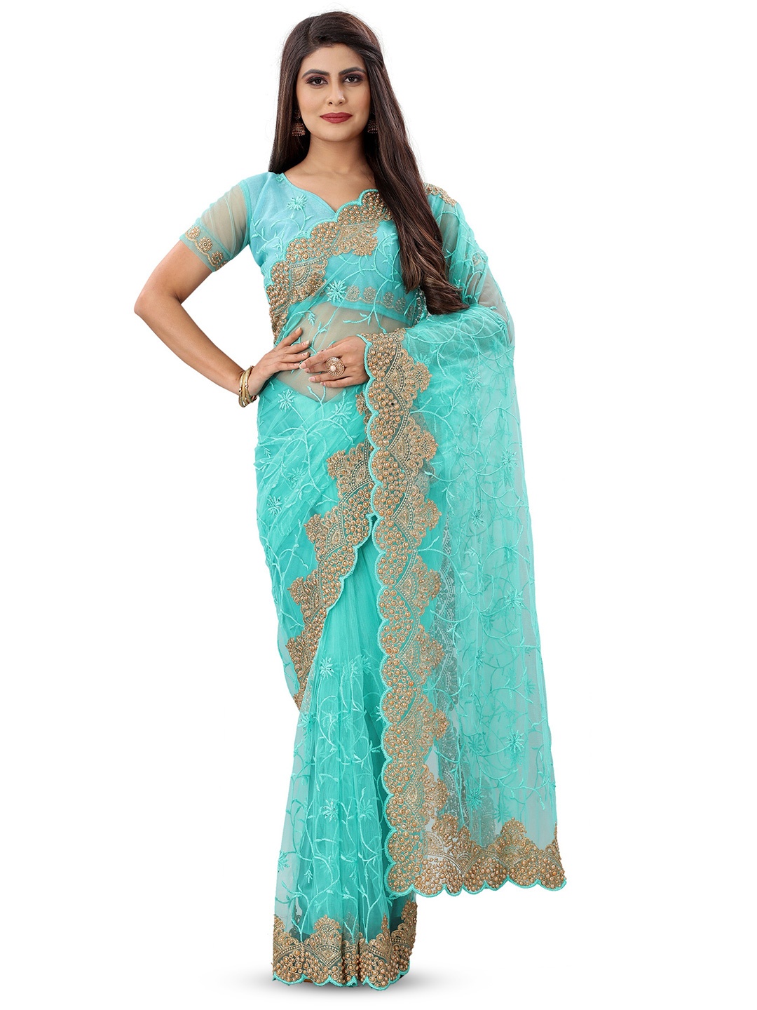 

PARMMRAA DESIGNER Floral Beads and Stones Net Saree, Blue