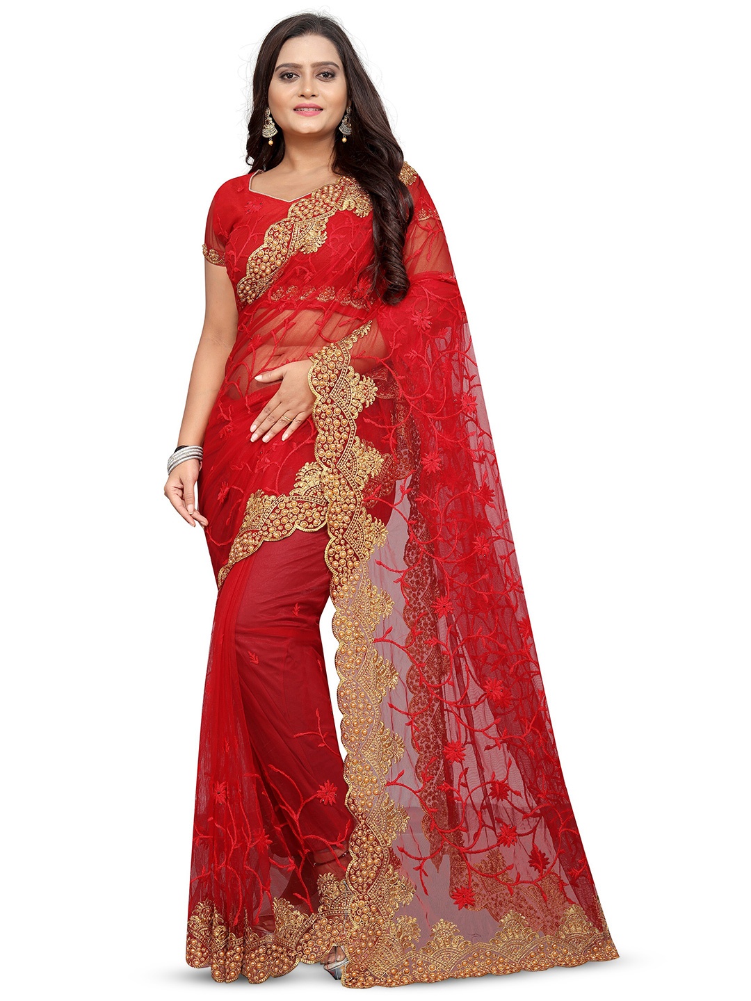 

PARMMRAA DESIGNER Ethnic Motifs Beads and Stones Net Saree, Red