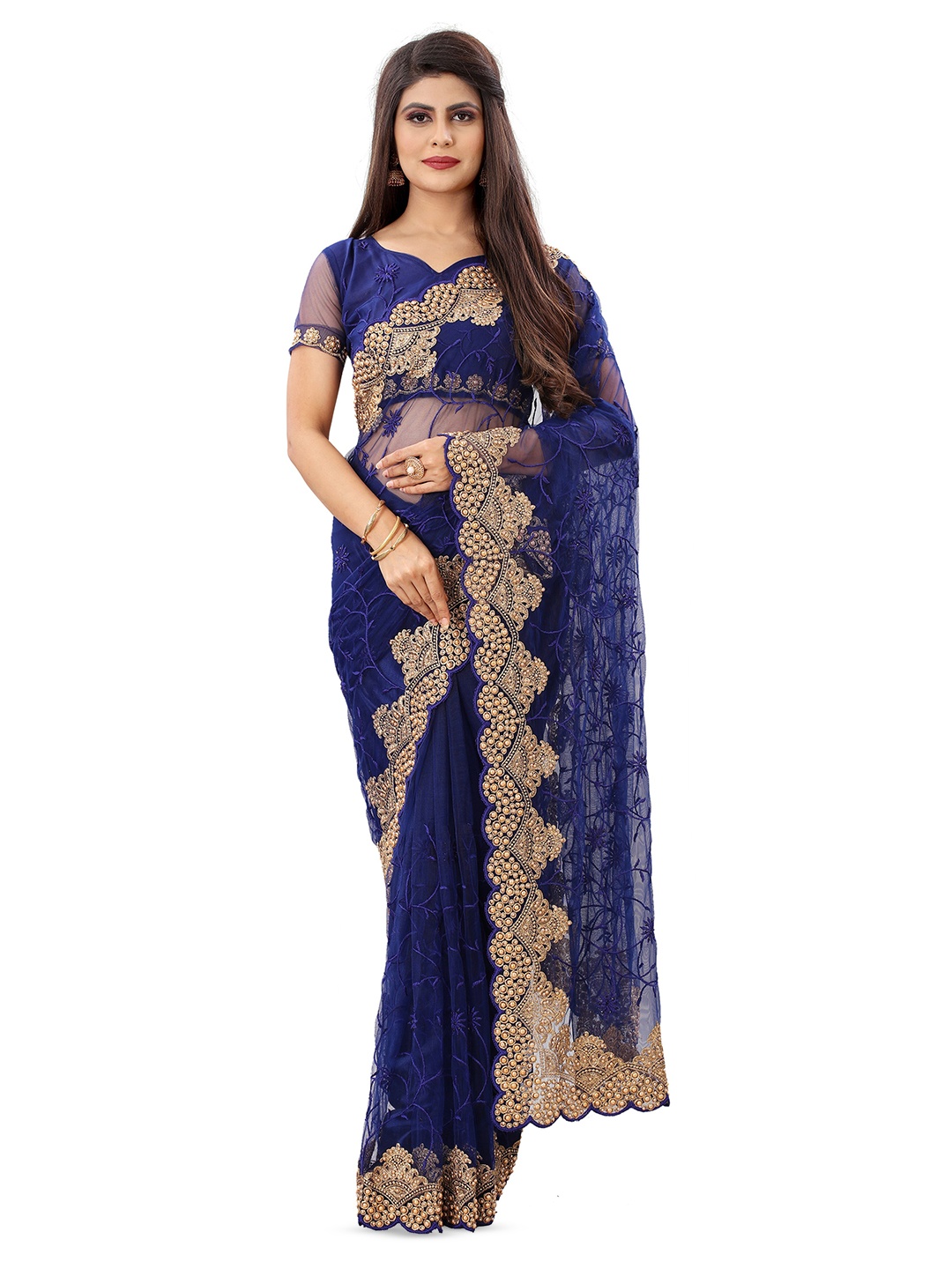 

PARMMRAA DESIGNER Floral Embroidered Net Saree, Blue