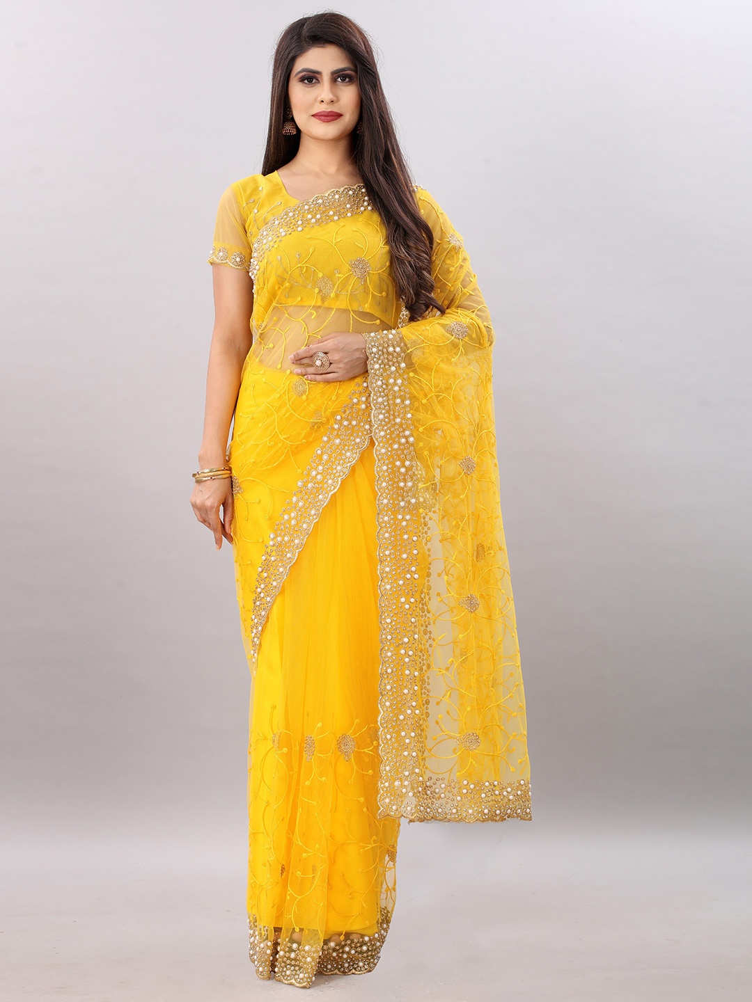 

PARMMRAA DESIGNER Floral Beads and Stones Net Saree, Yellow