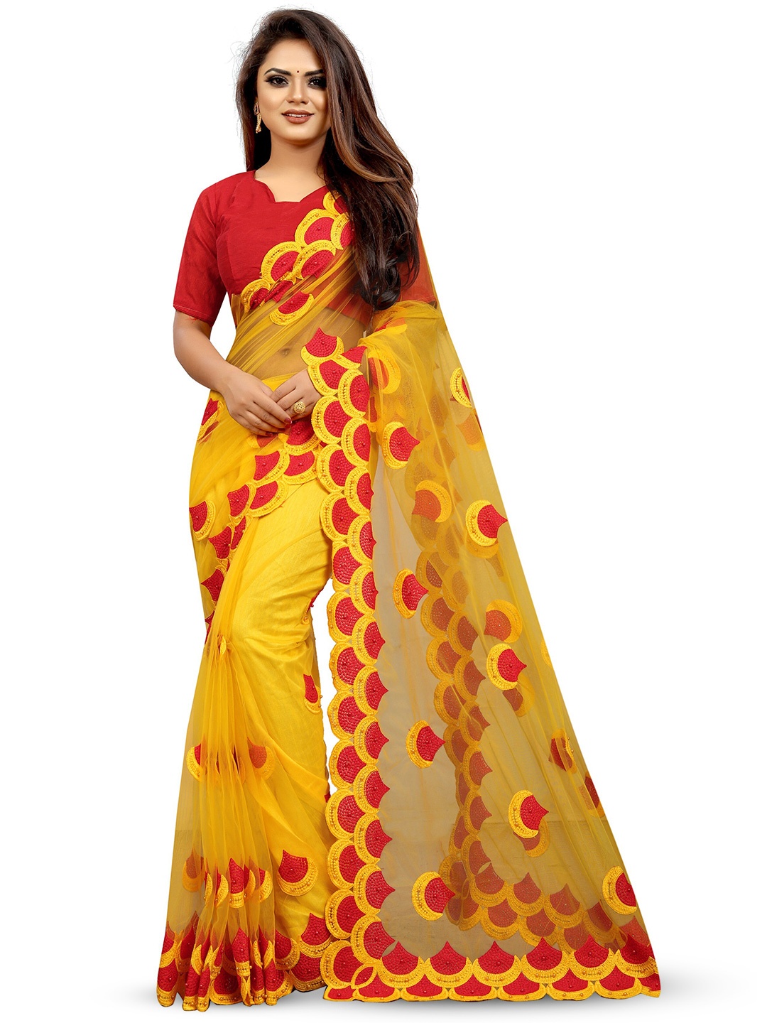 

PARMMRAA DESIGNER Floral Embroidered Net Heavy Work Saree, Yellow
