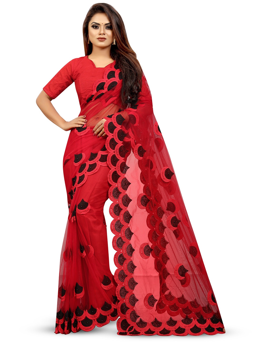 

PARMMRAA DESIGNER Floral Beads and Stones Net Saree, Red