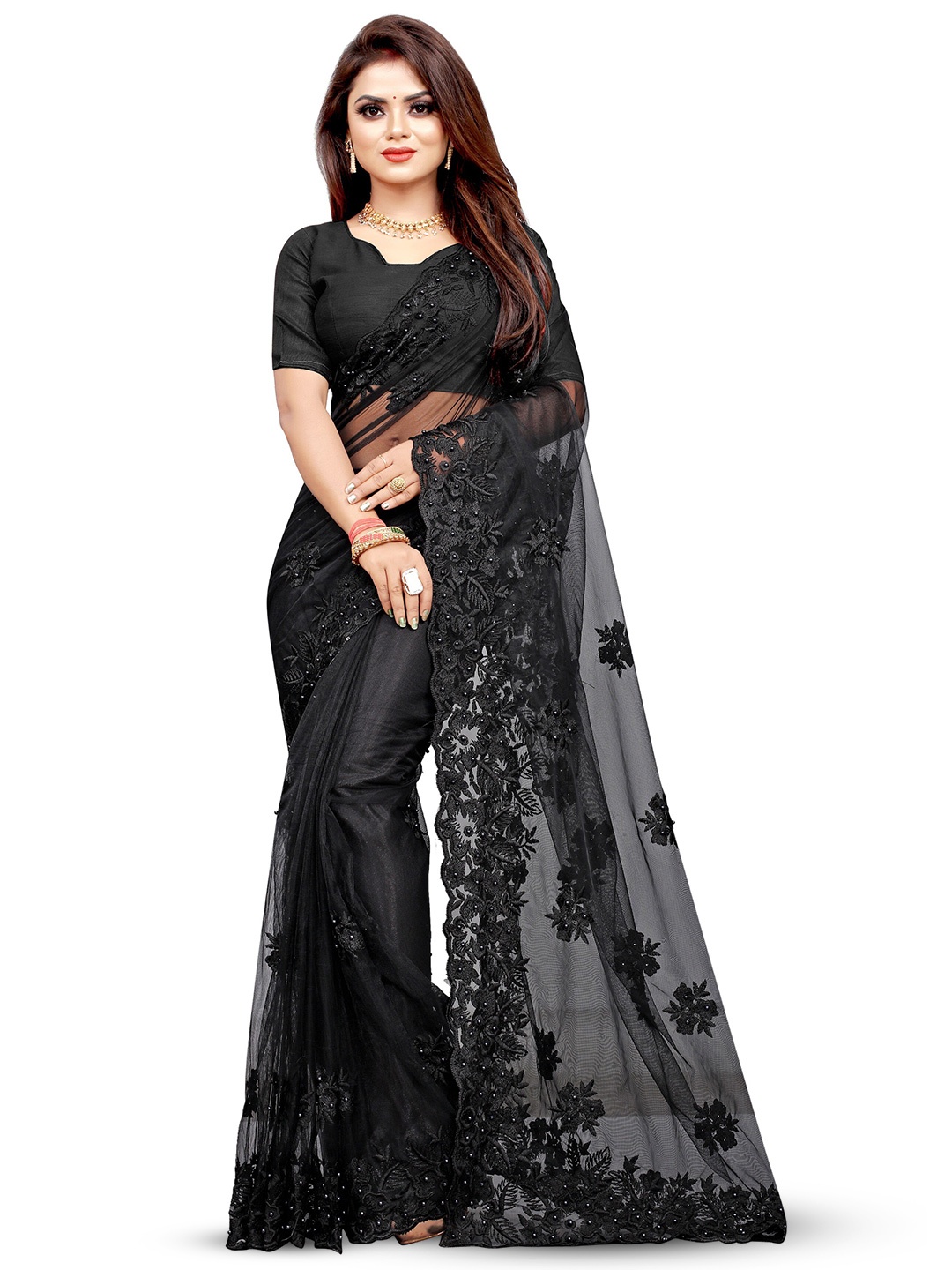 

PARMMRAA DESIGNER Floral Embroidered Net Saree, Black