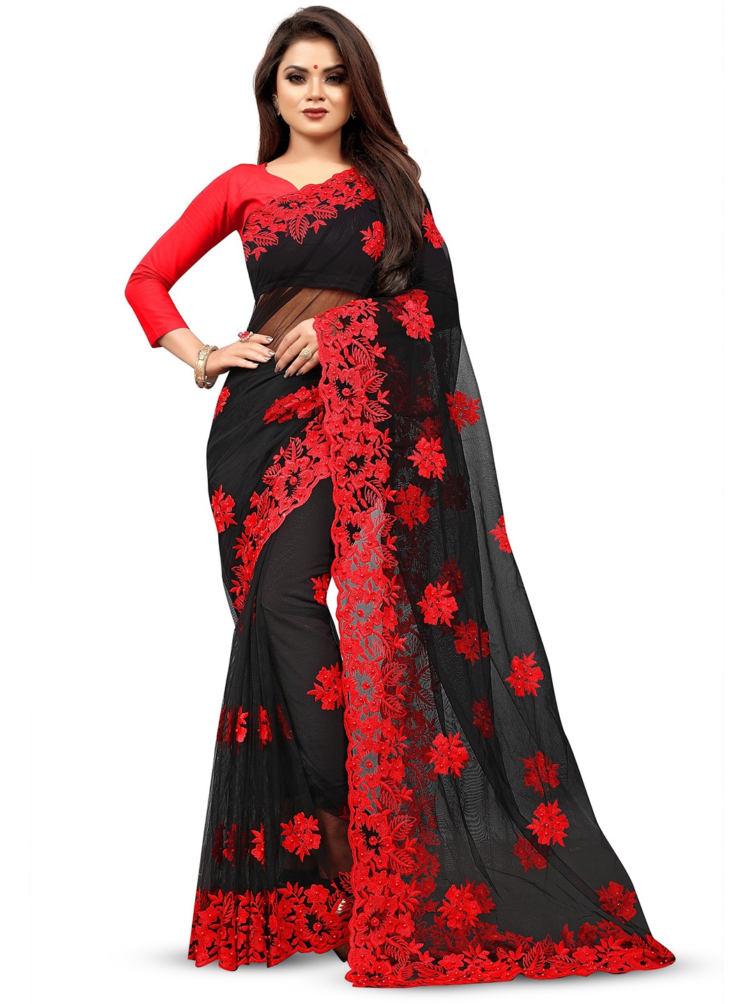 

PARMMRAA DESIGNER Floral Beads and Stones Net Saree, Black