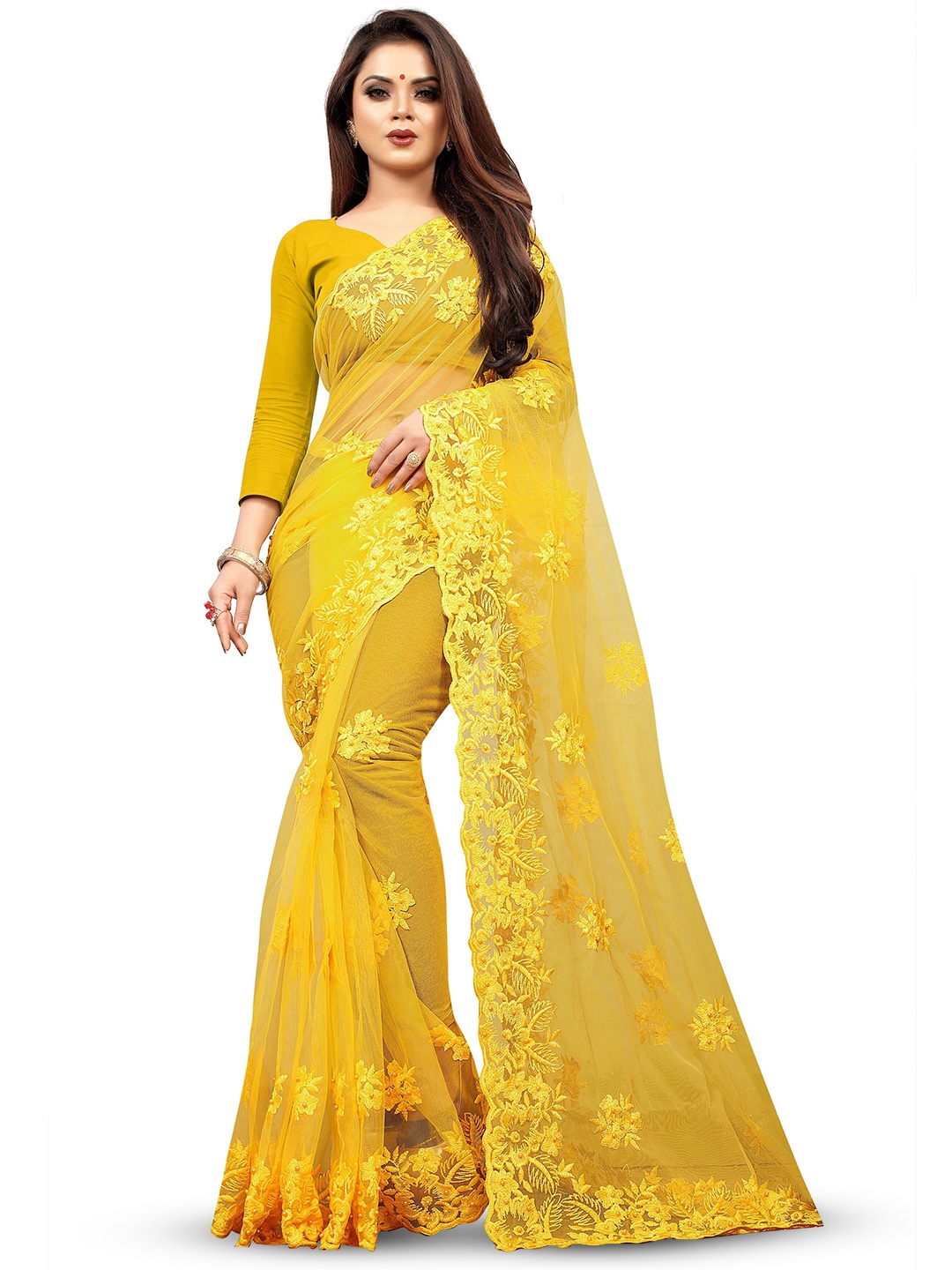 

PARMMRAA DESIGNER Beads and Stones Net Saree, Yellow