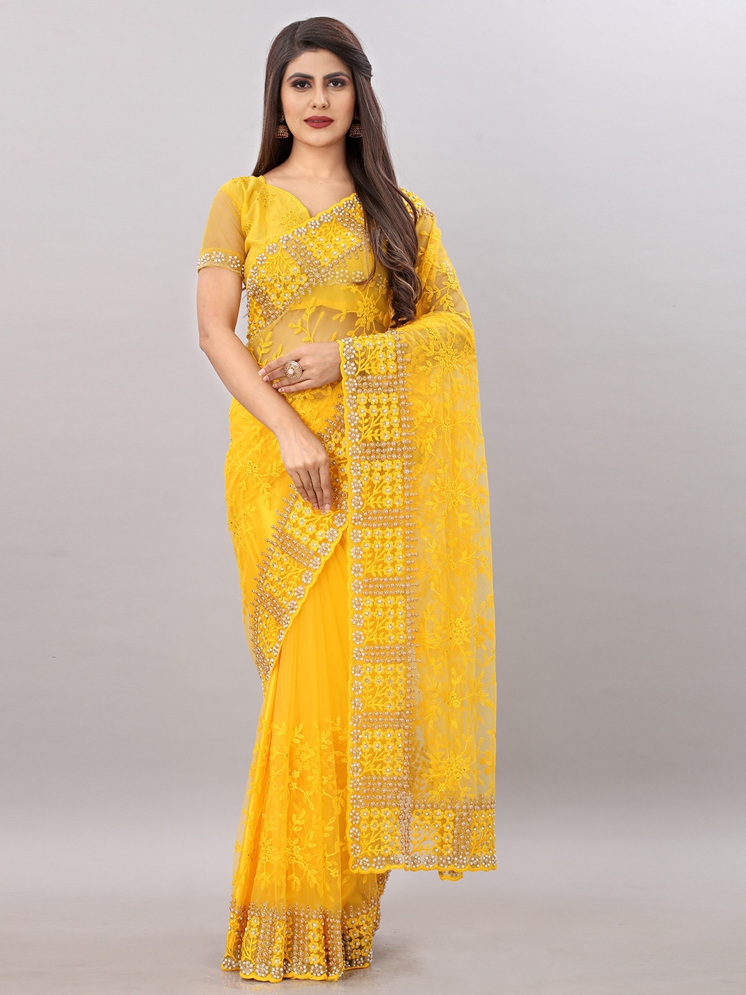

PARMMRAA DESIGNER Floral Embroidered Net Saree, Yellow