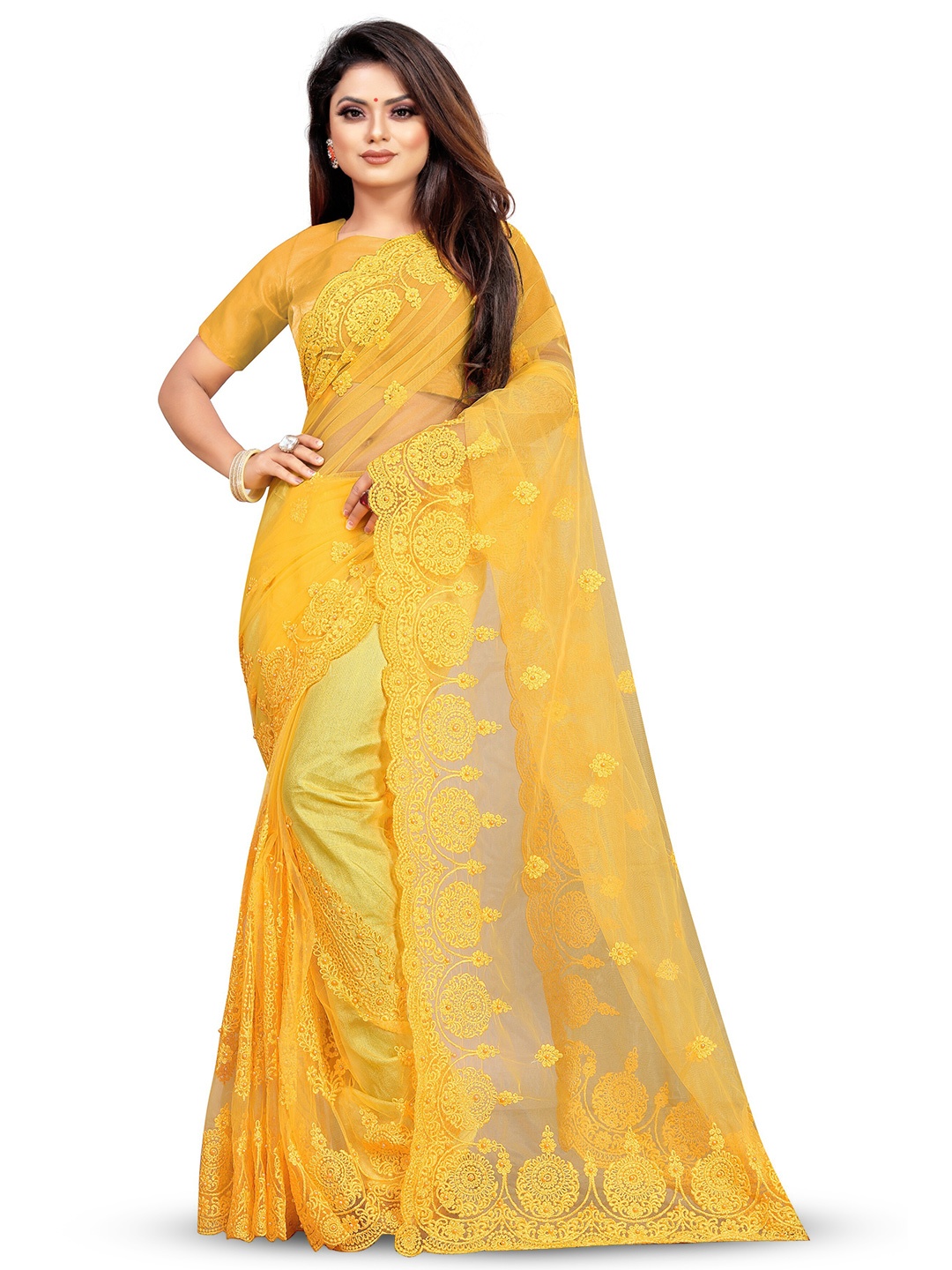 

PARMMRAA DESIGNER Ethnic Motifs Beads and Stones Net Saree, Yellow