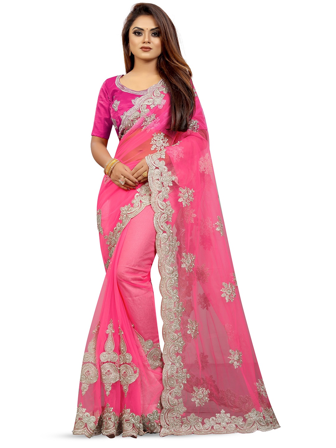 

PARMMRAA DESIGNER Floral Embroidered Net Saree, Pink
