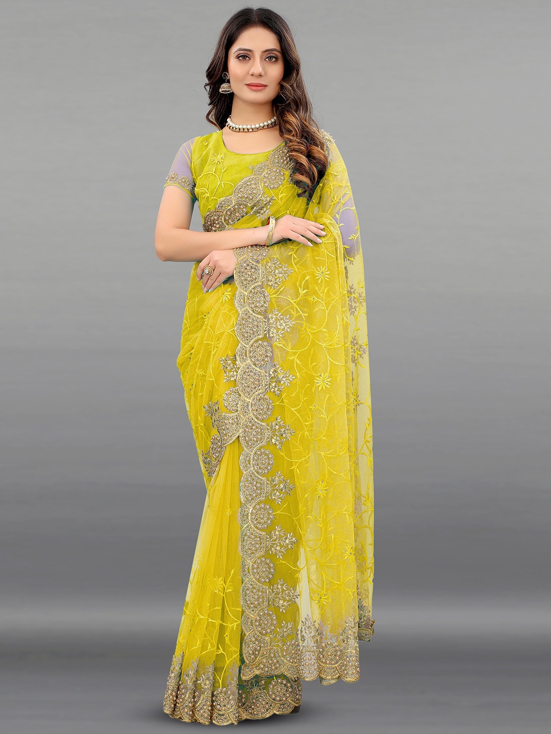

PARMMRAA DESIGNER Floral Embroidered Net Saree, Yellow