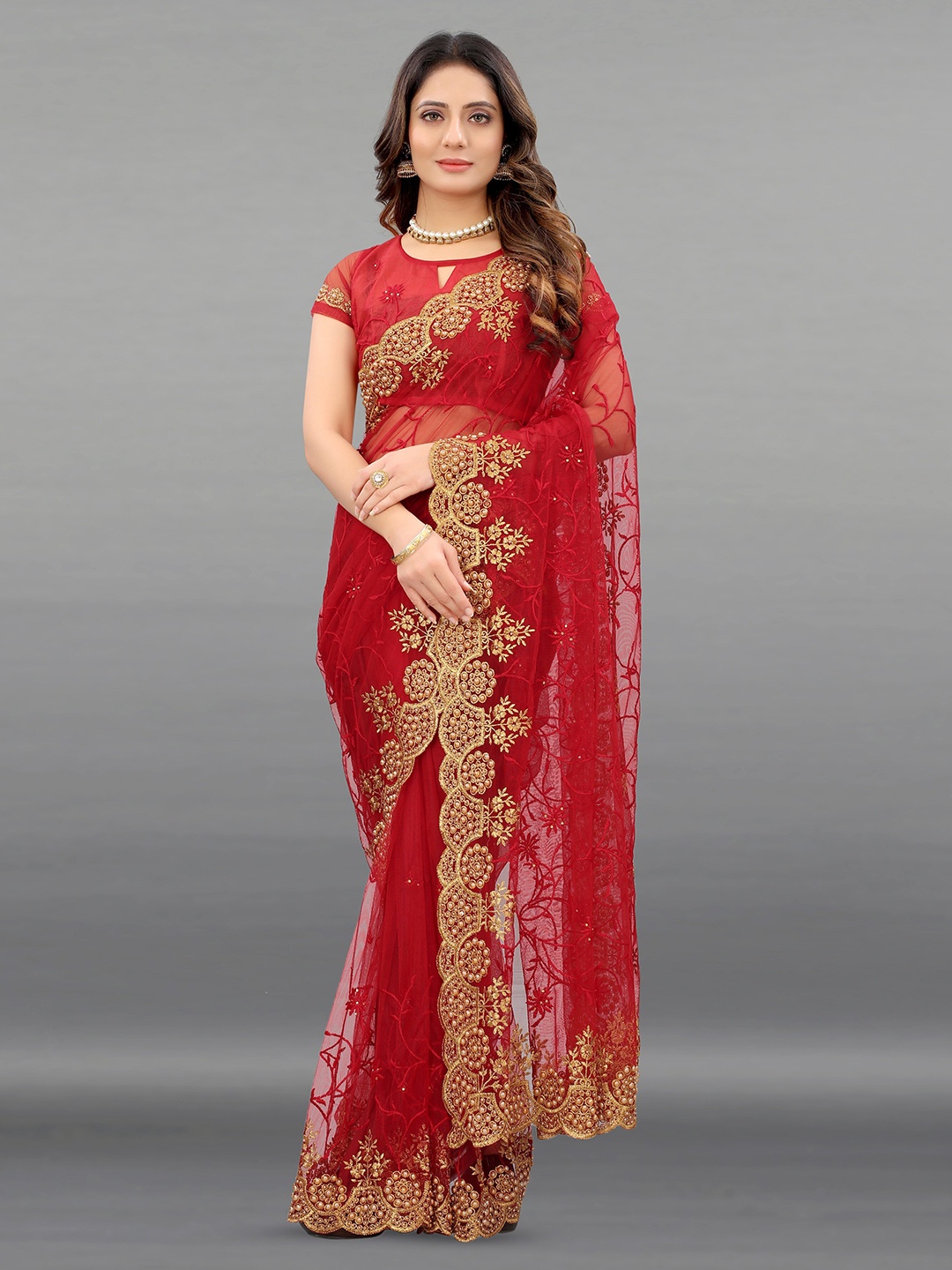 

PARMMRAA DESIGNER Floral Beads and Stones Net Saree, Red