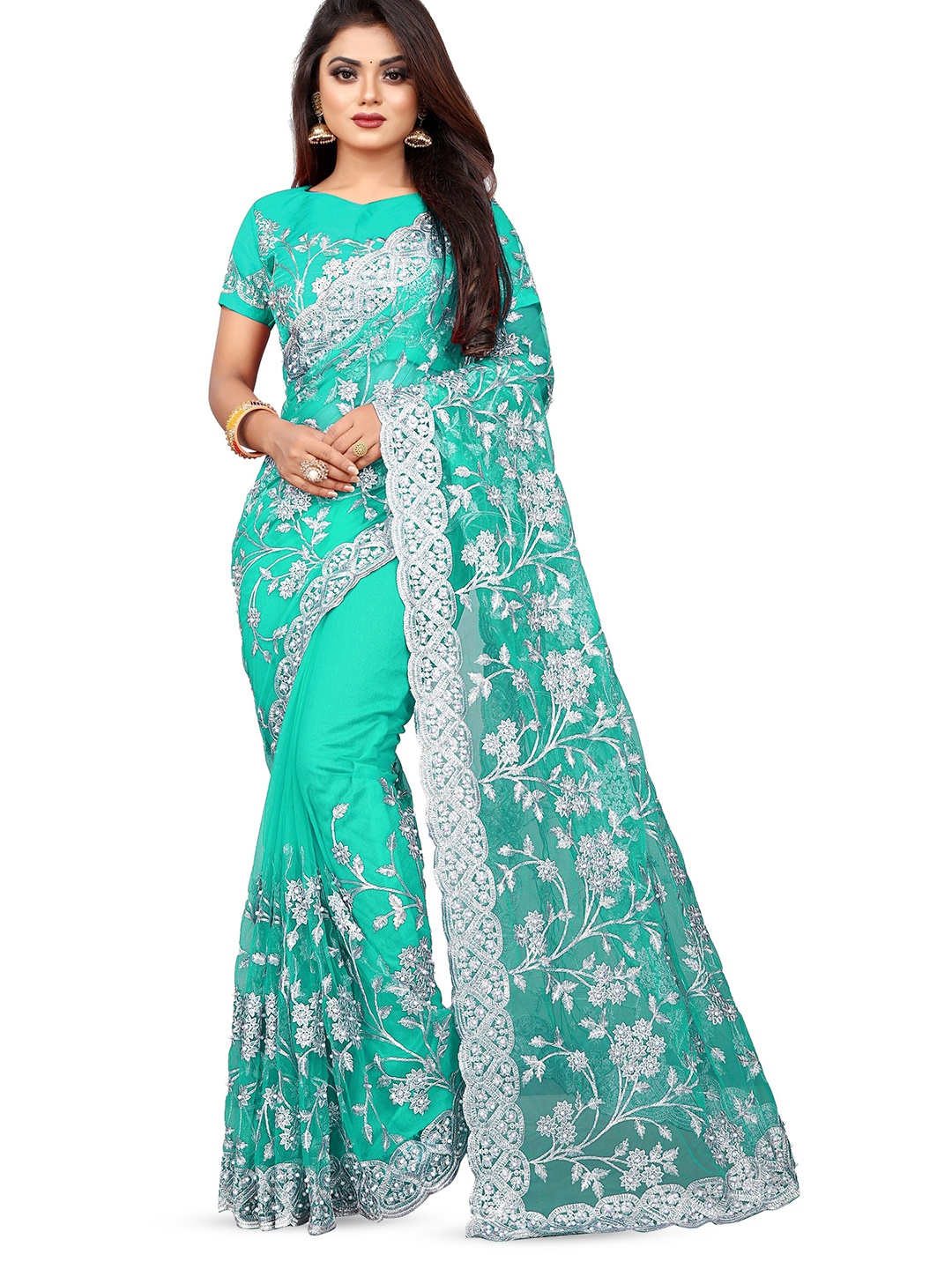 

PARMMRAA DESIGNER Floral Embroidered Net Saree, Blue
