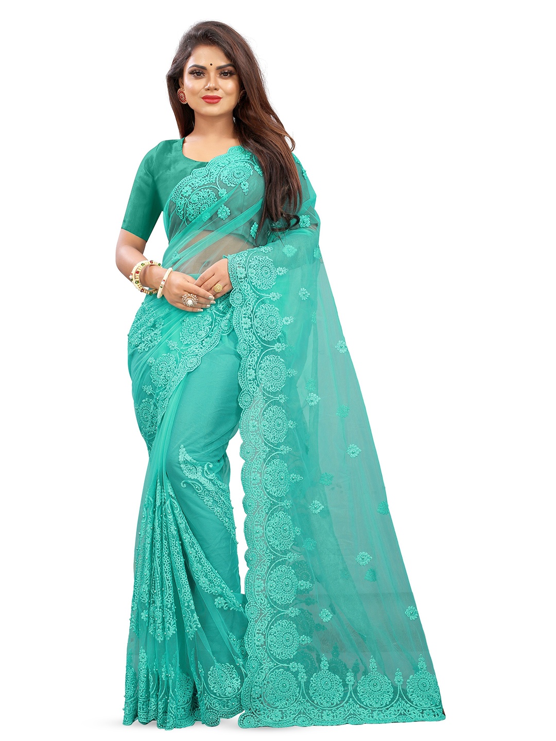 

PARMMRAA DESIGNER Floral Embroidered Net Heavy Work Saree, Green