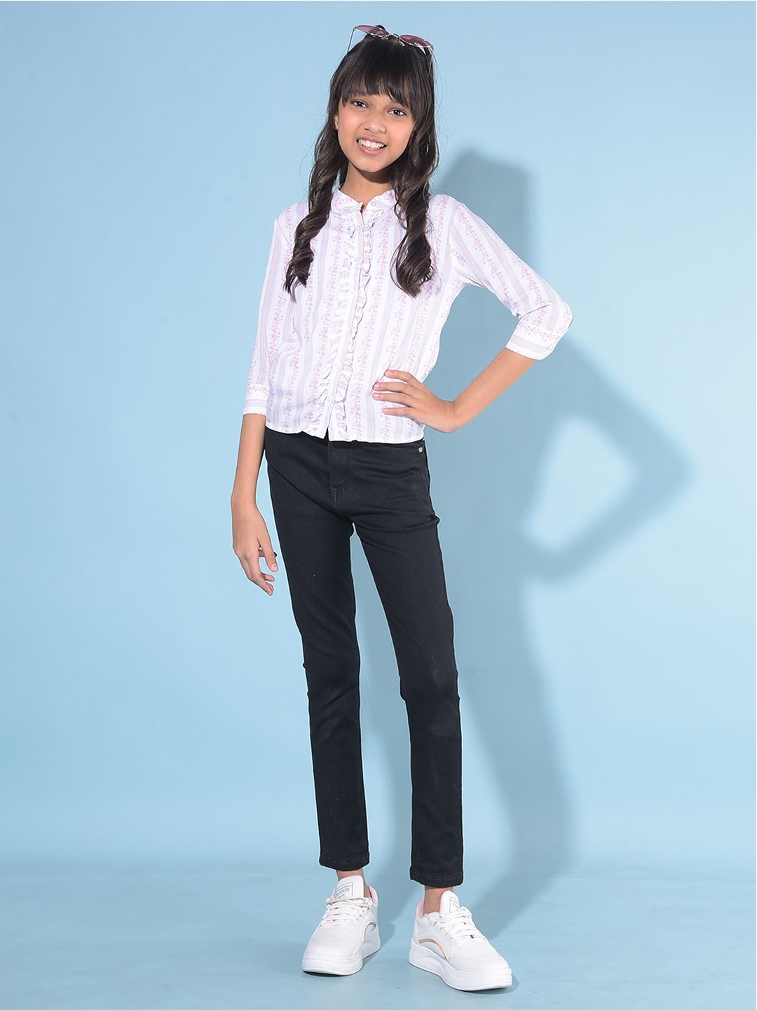 

Crimsoune Club Girls Slim Fit Mandarin Collar Three-Quarter Sleeves Cotton Casual Shirt, Pink