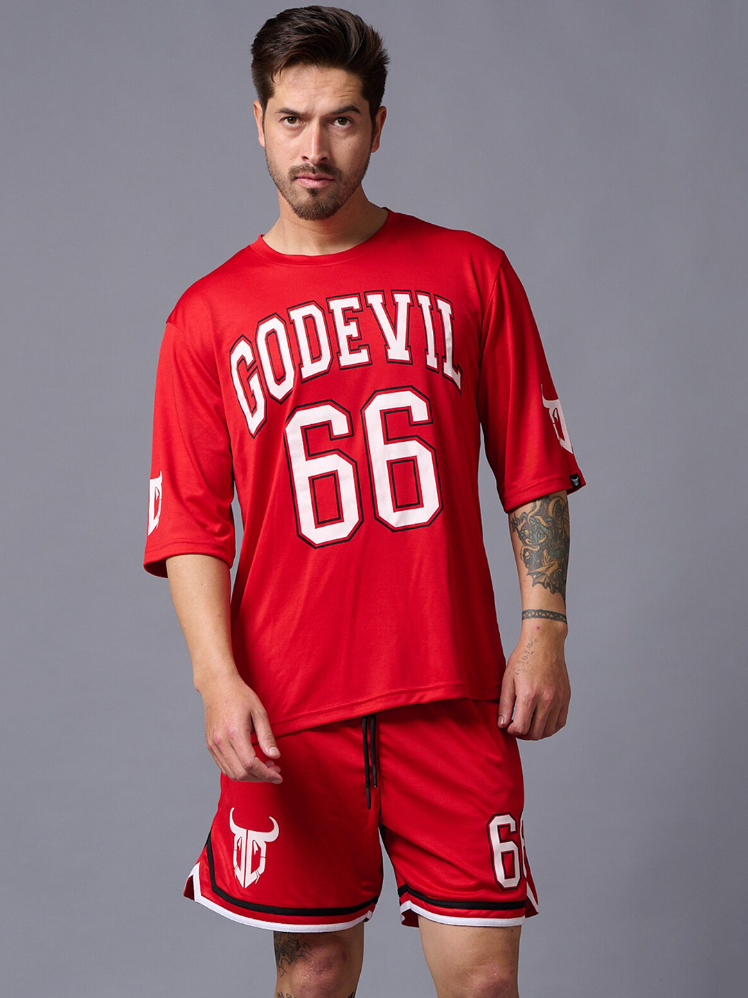 

GO DEVIL Printed Pure Cotton T-Shirt & Shorts Co-Ords Set, Red