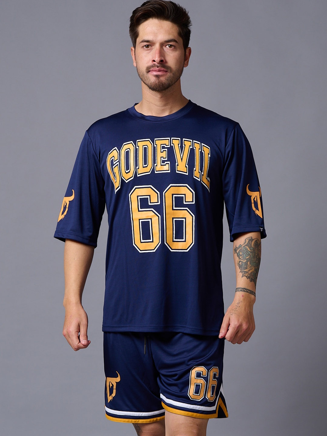 

GO DEVIL Printed Pure Cotton T-Shirt & Shorts Co-Ord, Blue