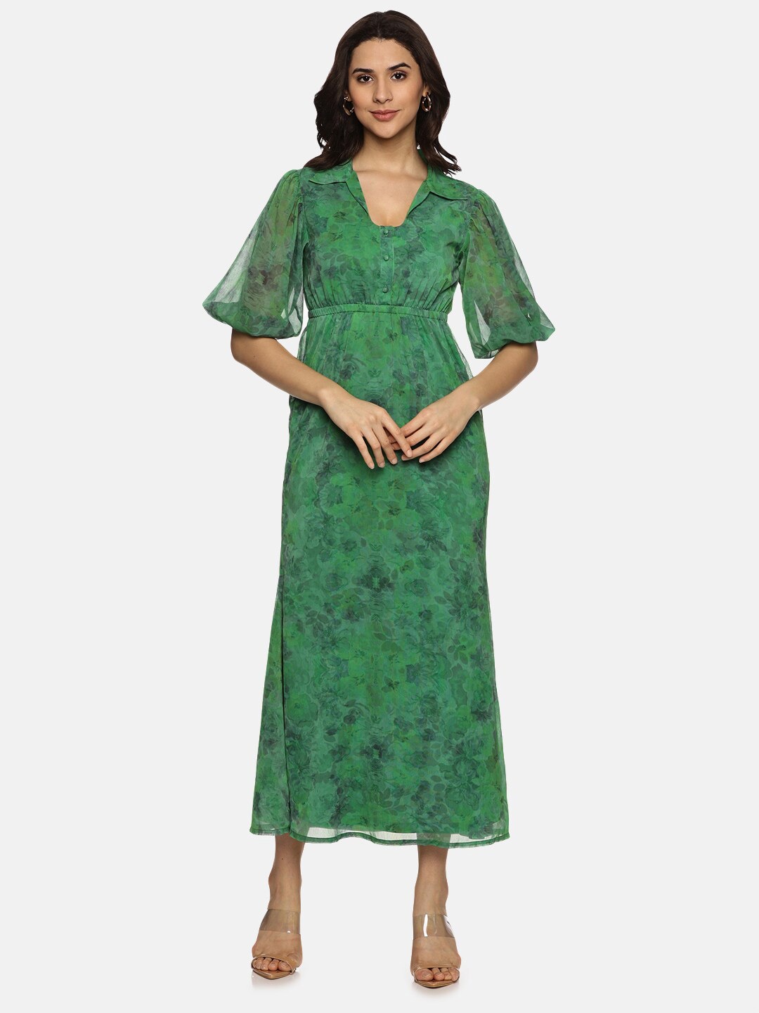 

ISU Floral Printed Puff Sleeves Chiffon Maxi Dress, Green