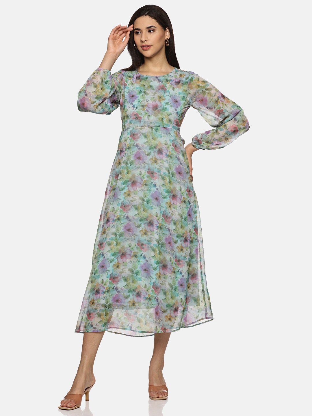 

ISU Floral Printed Boat Neck Puff Sleeve Chiffon A-Line Midi Dress, Grey