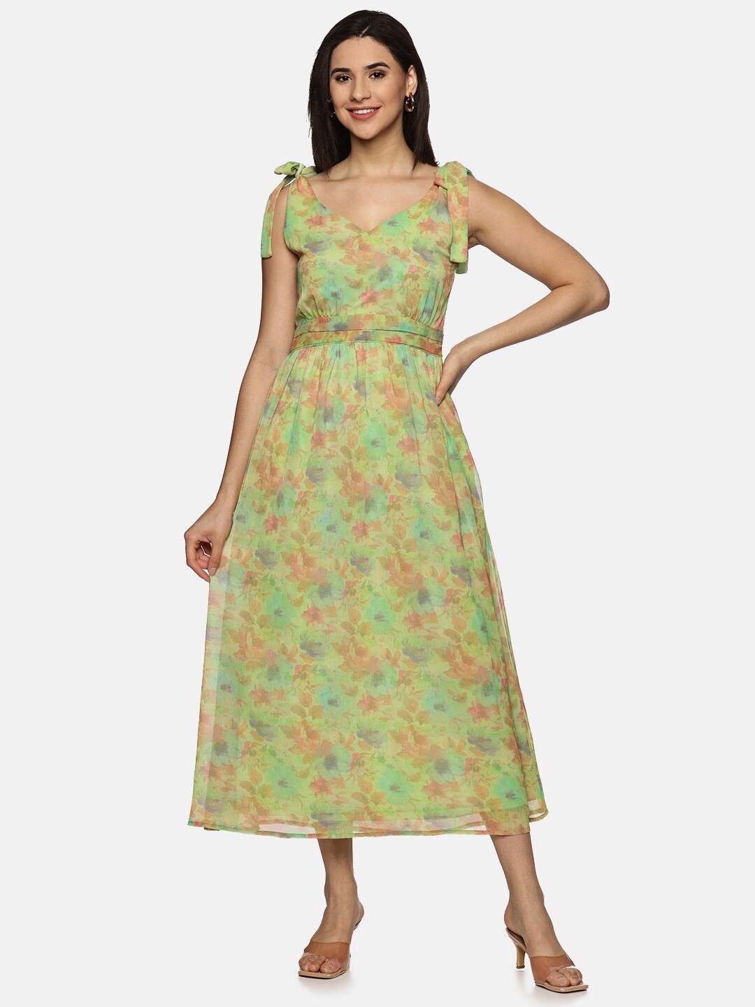 

ISU Floral Printed Chiffon Shoulder Straps Fit & Flare Midi Dress, Green