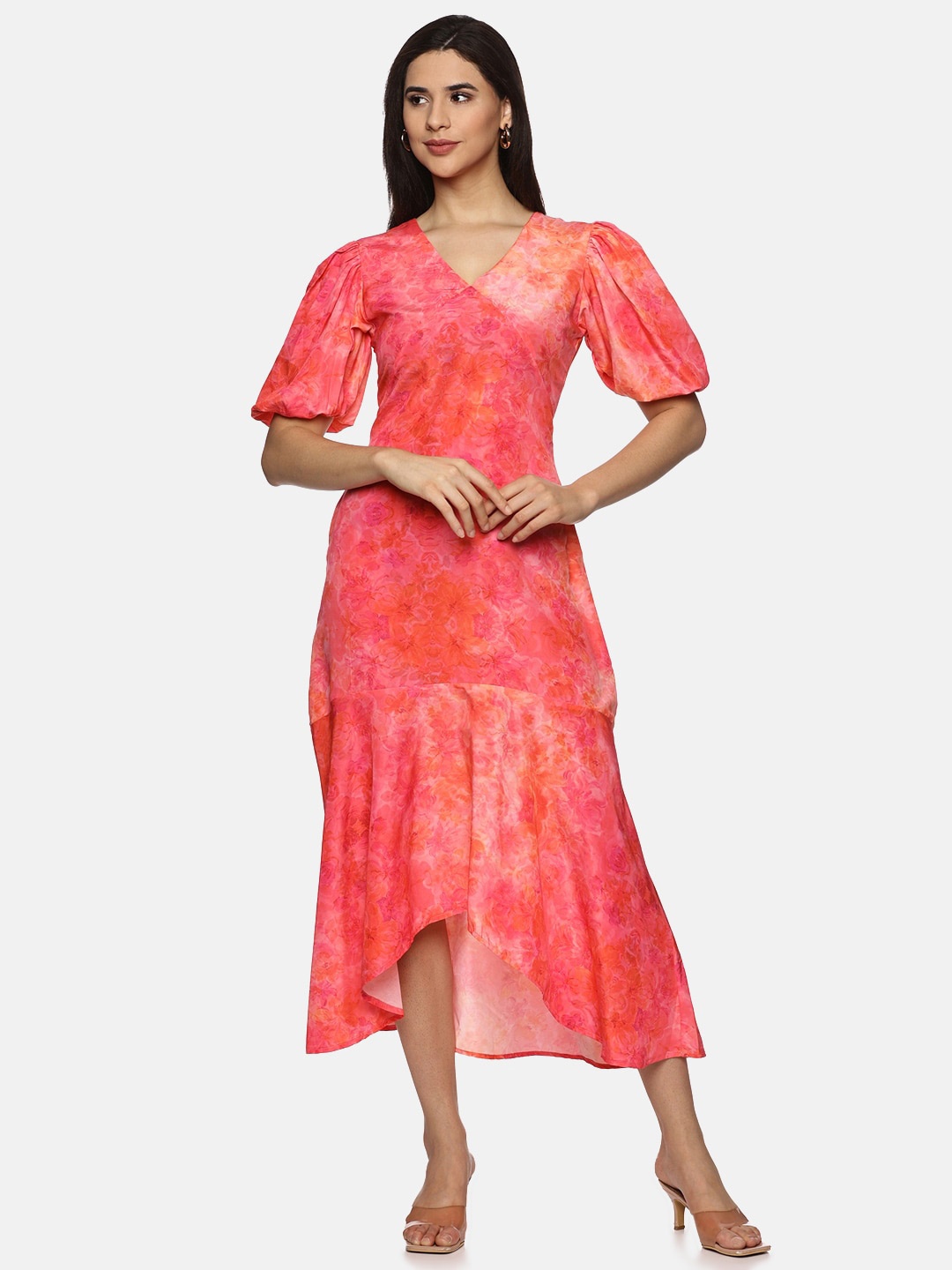 

ISU Tie and Dye Dyed Flared Sleeves A-Line Midi Dress, Pink
