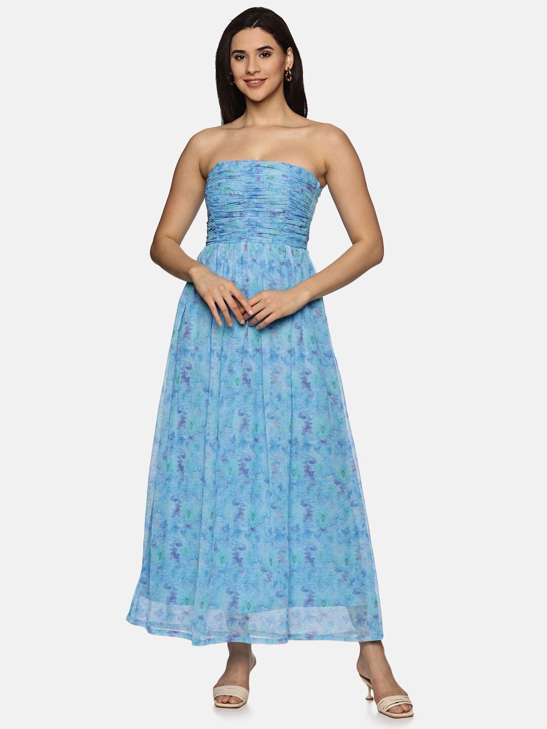 

ISU Floral Printed Off-Shoulder Chiffon Maxi Dress, Blue