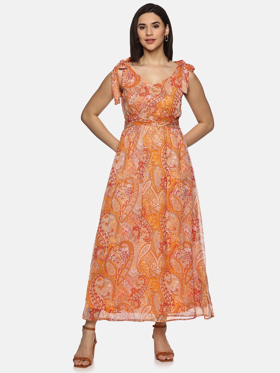 

ISU Floral Printed Shoulder Straps Chiffon Maxi Dress, Orange
