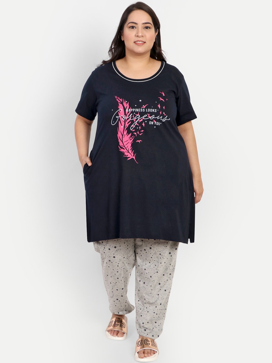 

CUPID Women Plus Size Printed Night Suit, Navy blue