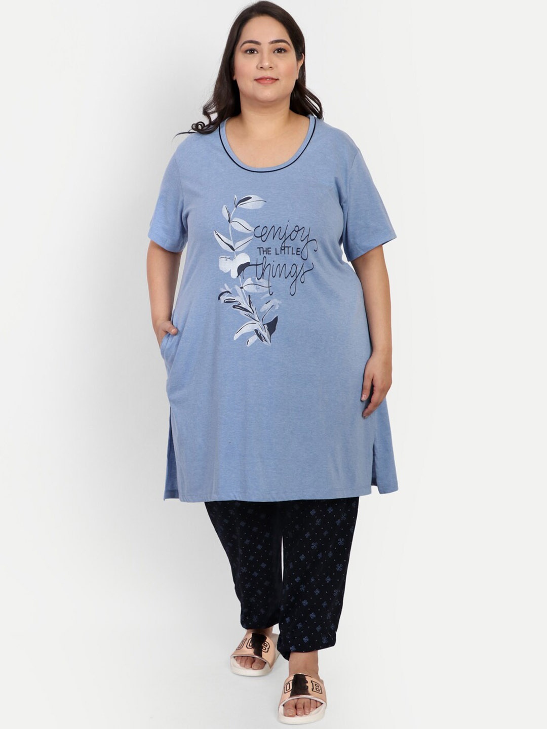 

CUPID Women Plus Size Printed Night Suit, Blue