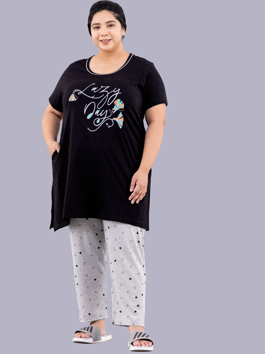 

CUPID Women Plus Size Printed Night Suit, Black