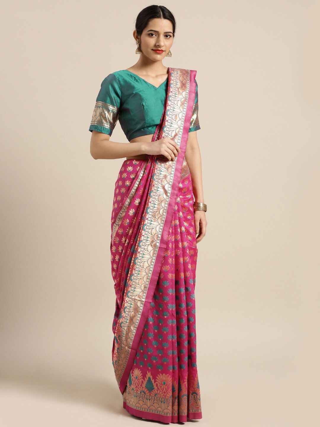 

Mitera Ethnic Motifs Zari Silk Blend Banarasi Saree, Magenta