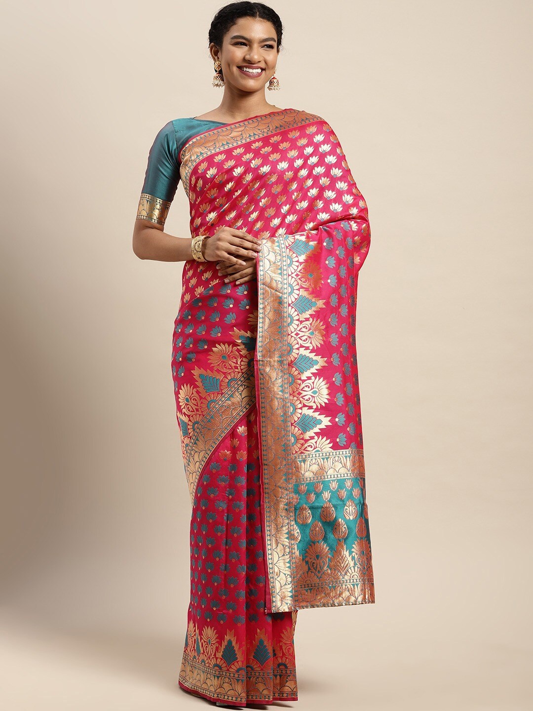 

Mitera Woven Design Zari Silk Blend Heavy Work Saree, Magenta