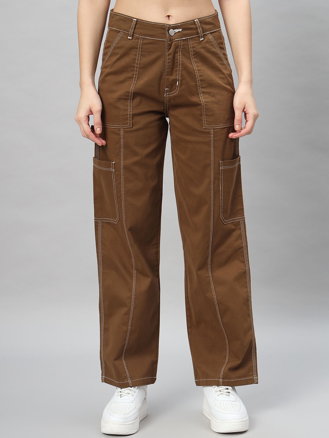 

BROOWL Women Relaxed Straight Fit High-Rise Cotton Cargos Trouser, Brown