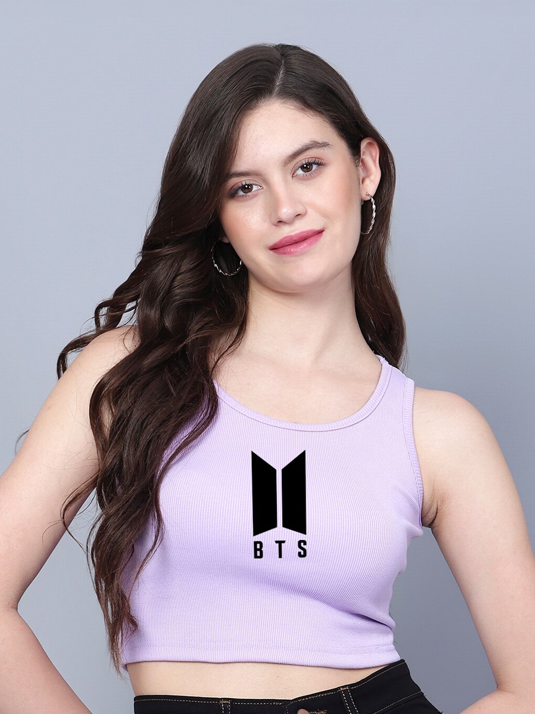 

Fashion And Youth BTS Printed Round Neck Fitted Crop Top, Lavender