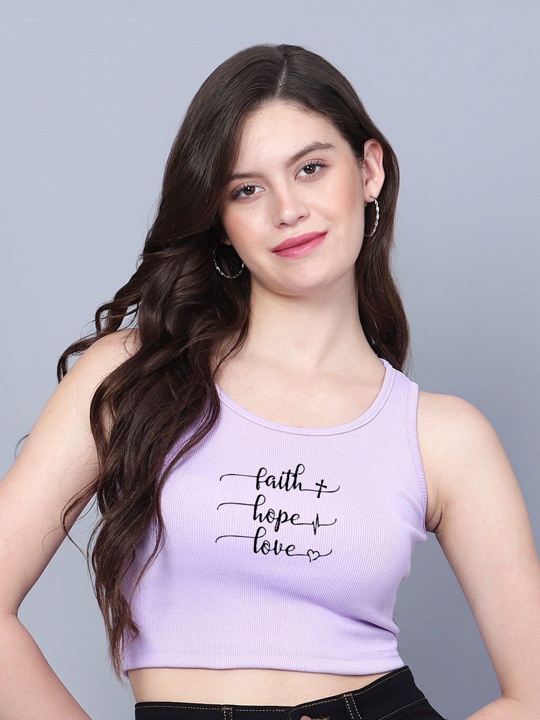 

Fashion And Youth Printed Round Neck Tank Crop Top, Lavender