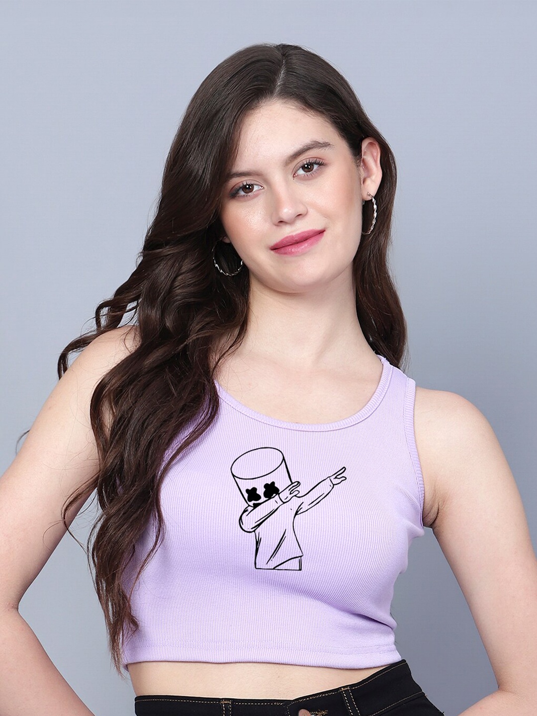 

Fashion And Youth Marshmellow Design Printed Round Neck Fitted Crop Top, Lavender