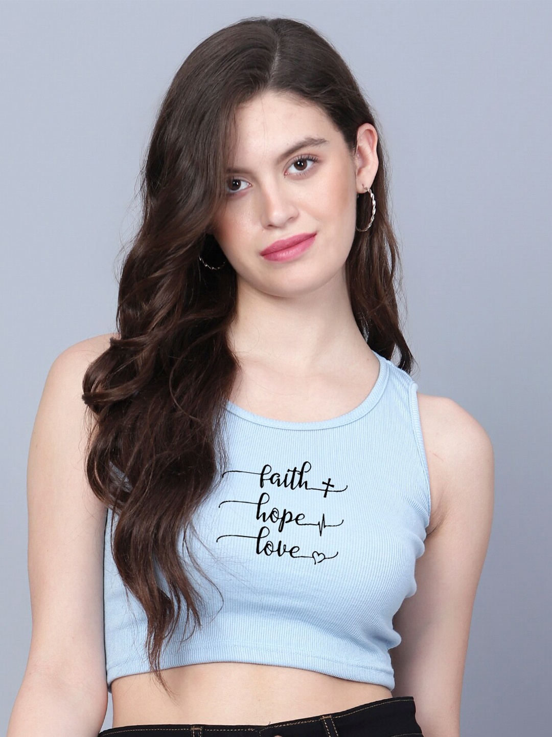 

Fashion And Youth Round Neck Printed Crop Top, Turquoise blue