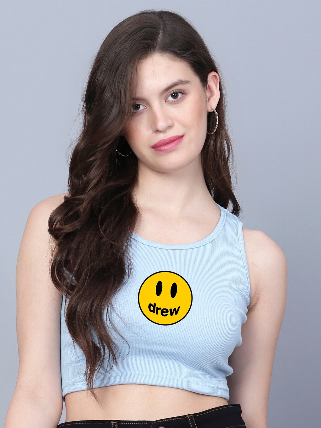 

Fashion And Youth Graphic Printed Sleeveless Fitted Crop Top, Turquoise blue