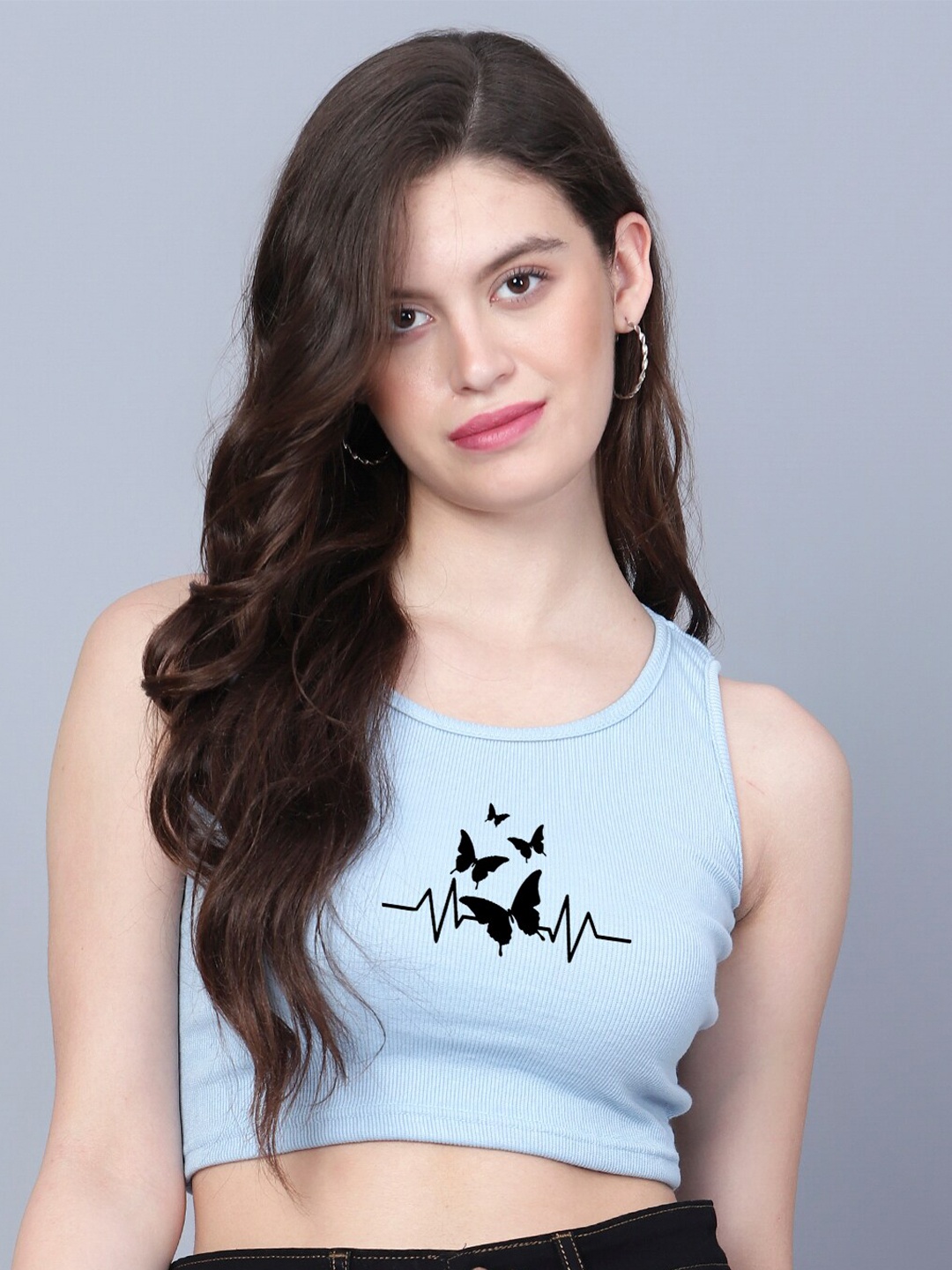 

Fashion And Youth Graphic Printed Round Neck Fitted Crop Top, Turquoise blue