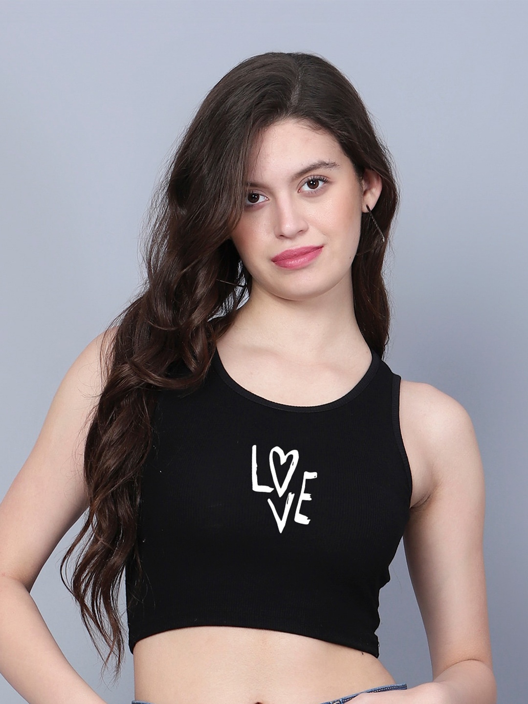

Fashion And Youth Printed Round Neck Tank Crop Top, Black