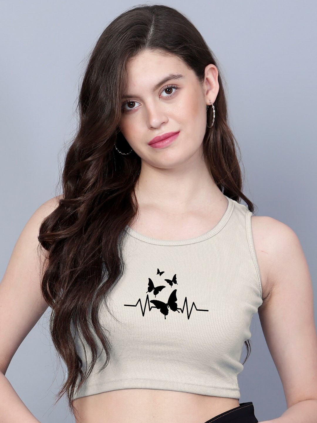 

Fashion And Youth Printed Sleeveless Tank Crop Top, Beige